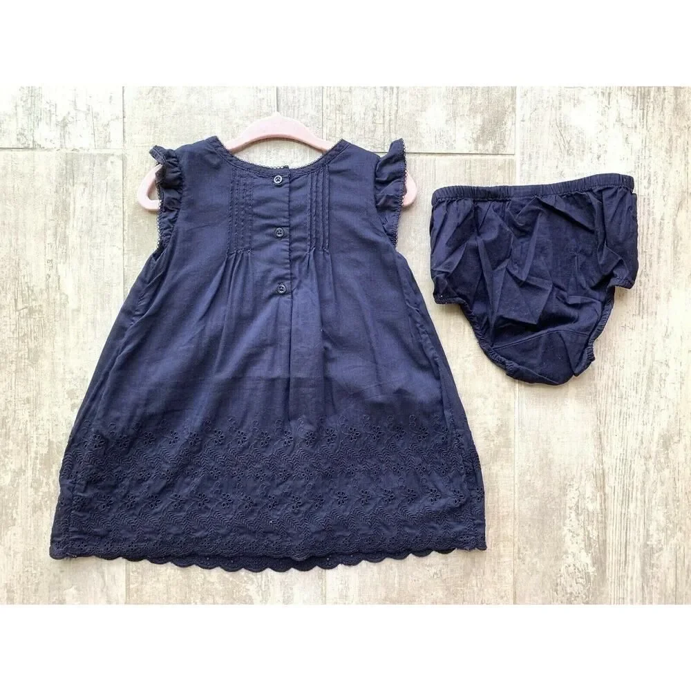 BABY GAP Girls Navy Blue Sleeveless Dress & Bloomers Outfit Set Eyelet 12-18M